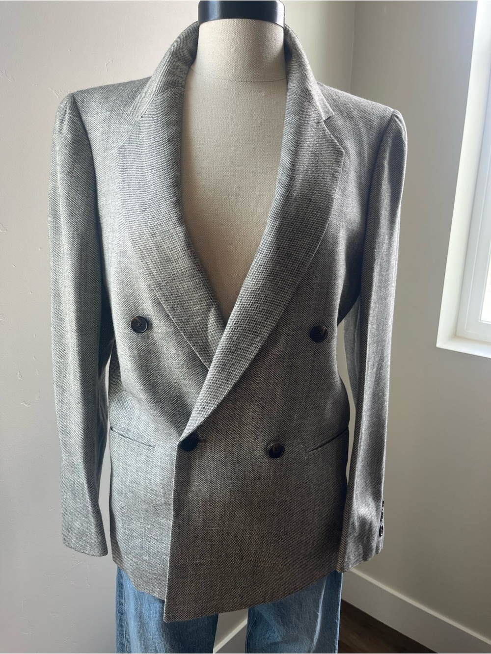 Vintage Joseph Abboud Double Breasted Gray Birdseye Wool Blend Blazer Jacket